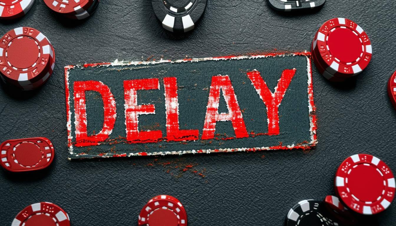 A text with DELAY written on it is shown with stamp and some online gambling imagery on the background